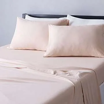Amazon Basics 4 Piece Bed Sheets Set, 100% Cotton Jersey, Includes Super Soft, Flat and Fitted Sheets, Pillowcase, Queen, Blush, Solid