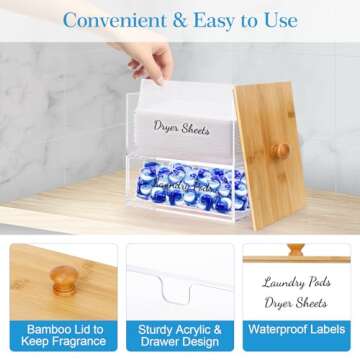 JYPS Acrylic Dryer Sheet Holder with Drawer and Bamboo Lid, Clear Laundry Room Organization and Storage，Dryer Sheet Laundry Pods Containter Box for Laundry Room Decor