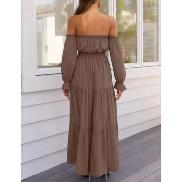 ZESICA Women's 2024 Boho Sexy Off Shoulder Long Sleeve Smocked High Waist Side Split Flowy A Line Tiered Long Maxi Dress,Coffee,Small