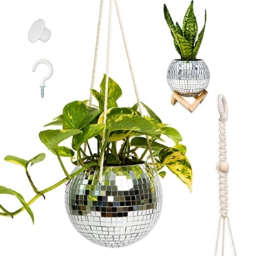 Lunar Sol Disco Ball Planter with Macrame and Stand