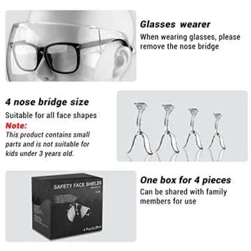 4 Pack Face Shield with Glasses, Face Mask Shield Anti-Fog Clear Ultra Clear Reusable Protective Plastic Face Shield Mask Droplet Splash Guard for Women Men Kids