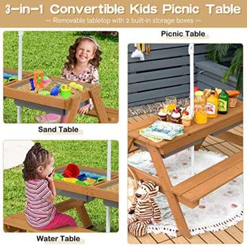 Costzon Kids Picnic Table, 3 in 1 Sand & Water Table w/Height Adjustable Umbrella, Removable Tableto...