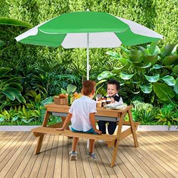 Costzon Kids Picnic Table, 3 in 1 Sand & Water Table w/Height Adjustable Umbrella, Removable Tabletop, Children Outdoor Toy Playset w/2 Play Boxes, Wooden Convertible Activity Play Table