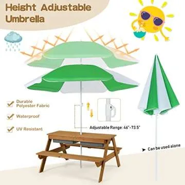Costzon Kids Picnic Table, 3 in 1 Sand & Water Table w/Height Adjustable Umbrella, Removable Tabletop, Children Outdoor Toy Playset w/2 Play Boxes, Wooden Convertible Activity Play Table