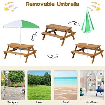 Costzon Kids Picnic Table, 3 in 1 Sand & Water Table w/Height Adjustable Umbrella, Removable Tabletop, Children Outdoor Toy Playset w/2 Play Boxes, Wooden Convertible Activity Play Table