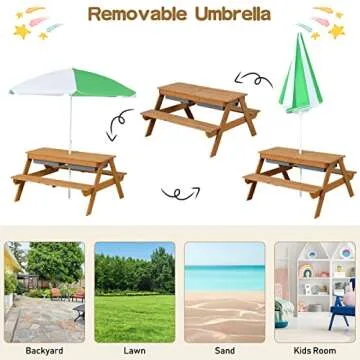 Costzon Kids Picnic Table, 3 in 1 Sand & Water Table w/Height Adjustable Umbrella, Removable Tabletop, Children Outdoor Toy Playset w/2 Play Boxes, Wooden Convertible Activity Play Table