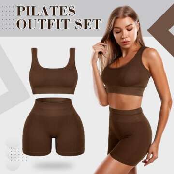 Floraltop 4 Pcs Women's Workout Sets Pilates Exercise Outfit Ribbed Scoop Neck Sports Bra Shorts Leg...