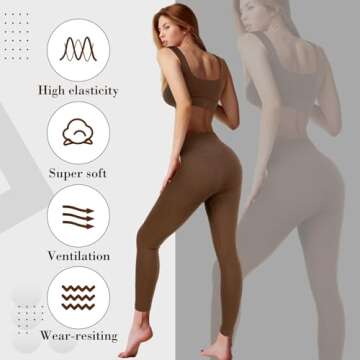 Floraltop 4 Pcs Women's Workout Sets Pilates Exercise Outfit Ribbed Scoop Neck Sports Bra Shorts Leggings Gym Clothes Set (Coffee,Large)