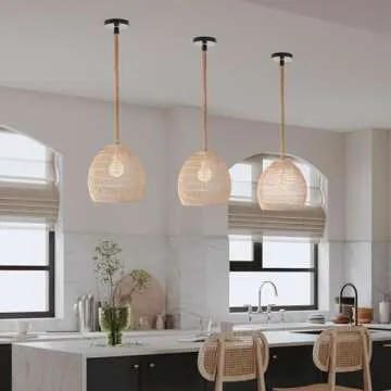 Arturesthome Mini Natural Rattan Pendant Light for Kitchen Island, Woven Lamp Shade Chandelier, Handmade Hanging Ceiling Light Lampshade, Rope Lamp D 9.8inx10.6in