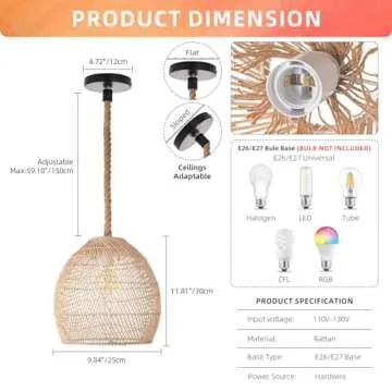 Arturesthome Mini Natural Rattan Pendant Light for Kitchen Island, Woven Lamp Shade Chandelier, Handmade Hanging Ceiling Light Lampshade, Rope Lamp D 9.8inx10.6in