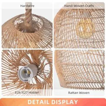 Arturesthome Mini Natural Rattan Pendant Light for Kitchen Island, Woven Lamp Shade Chandelier, Handmade Hanging Ceiling Light Lampshade, Rope Lamp D 9.8inx10.6in
