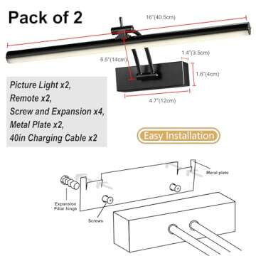 Yuichoy 2 Pack Picture Light for Wall Battery Operated, 16 inch Wireless Art Lighting for Painting with Remote, Dimmable 5200mAh Picture Frame Lights for Gallery, Black