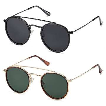 SOJOS 2 Pack Retro Round Polarized Sunglasses UV400 Double Bridge Sun Glasses SJ1104, Black & Green