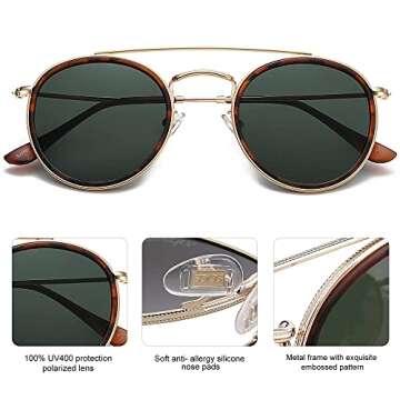 SOJOS 2 Pack Retro Round Polarized Sunglasses UV400 Double Bridge Sun Glasses SJ1104, Black & Green