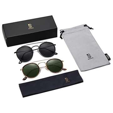 SOJOS 2 Pack Retro Round Polarized Sunglasses UV400 Double Bridge Sun Glasses SJ1104, Black & Green