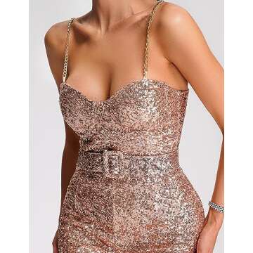 BELLA BARNETT Sequin Jumpsuits For Women Belted Gold Sexy One Piece Jumpsuits For Women Clubwear Rave Outfits Y2k Clothes Slip Club Outfits For Women