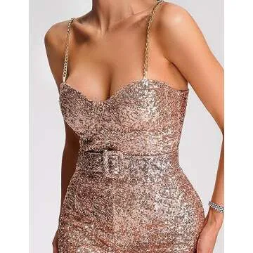 BELLA BARNETT Sequin Jumpsuits For Women Belted Gold Sexy One Piece Jumpsuits For Women Clubwear Rave Outfits Y2k Clothes Slip Club Outfits For Women