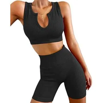 OLCHEE Women's 2 Piece Seamless Workout Outfit - Black Size S