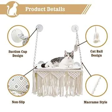 Cat Window Perch Macrame Cat Hammock Boho Wall Mounted Pet Resting Seat Bed for Sunbathing, Napping & Overlooking with 4 Seat Suction Cups & Fleece Blanket & Knitted Ball Toy - Weighted up to 35lbs.