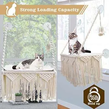 Cat Window Perch Macrame Cat Hammock Boho Wall Mounted Pet Resting Seat Bed for Sunbathing, Napping & Overlooking with 4 Seat Suction Cups & Fleece Blanket & Knitted Ball Toy - Weighted up to 35lbs.