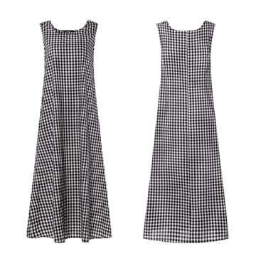 chouyatou Women's Casual Loose-Fit Cotton and Linen Plaid Tank Maxi Dress with Pockets (Small, Black)