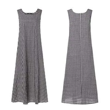 chouyatou Women's Casual Loose-Fit Cotton and Linen Plaid Tank Maxi Dress with Pockets (Small, Black)