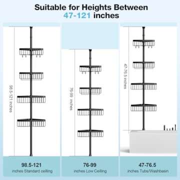 Corner Shower Caddy Tension Pole: Adjustable Rustproof 4-Tier Inside Bathroom Organizer - 47-121 inc...