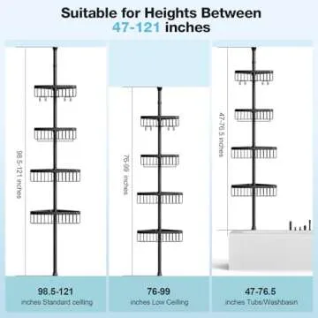 Corner Shower Caddy Tension Pole: Adjustable Rustproof 4-Tier Inside Bathroom Organizer - 47-121 inc...