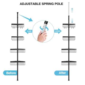 Corner Shower Caddy Tension Pole: Adjustable Rustproof 4-Tier Inside Bathroom Organizer - 47-121 inch Quick Installation Bathtub Shelves for Shampoo Storage - Rod Floor Standing Bath Rack - Black