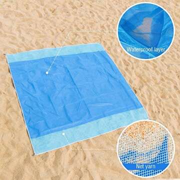 Sand Free Picnic Blanket Sand Proof Beach Mat Waterproof Portable Compact Fast Dry Beach Towel Sand Dirt & Dust Disappear Perfect For Hiking Camping Festivals Outdoor Events (Blue, L-6.56 x 6.56 ft)
