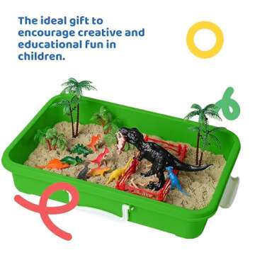 Dinosaur Play Sand Kit - Sensory Bin Sandbox, 2 Bags of Safe Sand and 34 Pieces - Feels Like Wet Sand Without The Mess - Comes with Bin, Lid, Dinosaur Figures, Dino Molds, Trees, Fences