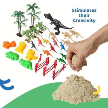 Dinosaur Play Sand Kit - Sensory Bin Sandbox, 2 Bags of Safe Sand and 34 Pieces - Feels Like Wet Sand Without The Mess - Comes with Bin, Lid, Dinosaur Figures, Dino Molds, Trees, Fences