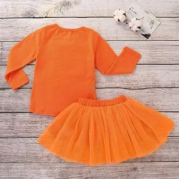 ALLTB 2Pcs Halloween Toddler Baby Girl Smile Pumpkin Tops+Tutu Tulle Skirt Outfits Long Sleeve Clothes