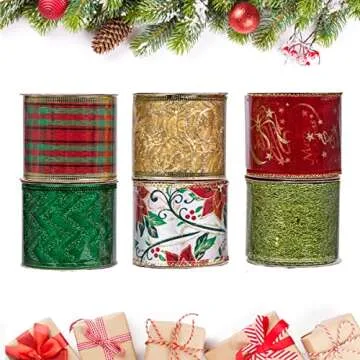iPEGTOP Wired Christmas Ribbon, Assorted Organza Swirl Sheer Glitter Crafts Gift Wrapping Ribbons Colorful Christmas Design Decorations, 36 Yards (6 Roll x 6 yd) by 2.5 inch, Poinsettia Plaid