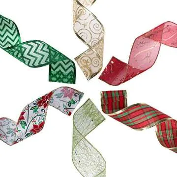 iPEGTOP Wired Christmas Ribbon, Assorted Organza Swirl Sheer Glitter Crafts Gift Wrapping Ribbons Colorful Christmas Design Decorations, 36 Yards (6 Roll x 6 yd) by 2.5 inch, Poinsettia Plaid