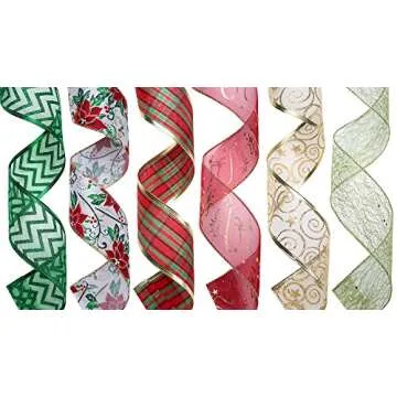 iPEGTOP Wired Christmas Ribbon, Assorted Organza Swirl Sheer Glitter Crafts Gift Wrapping Ribbons Colorful Christmas Design Decorations, 36 Yards (6 Roll x 6 yd) by 2.5 inch, Poinsettia Plaid