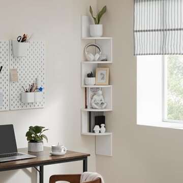 VASAGLE Corner Shelf Wall Mount, 5-Tier Floating Corner Bookshelf, Plant Shelf for Bedroom, Living Room, Bathroom, Home Office, Cloud White