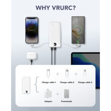 VRURC Portable Charger 10000mAh with USB C & Wall Plug