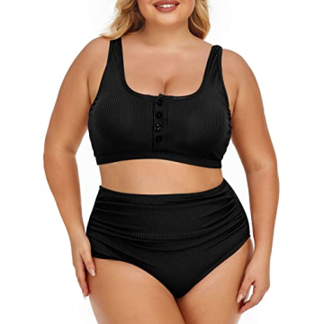 Summer Mae Plus Size Women Ribbed Bikini Set - High Waist Tummy Control Swimsuit