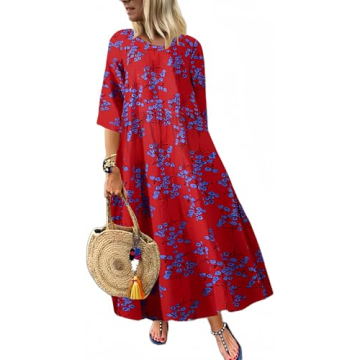 Akivide Women's Vintage Ethnic Print Linen Maxi Dress Summer Casual Loose Floral Boho Swing House Dr...