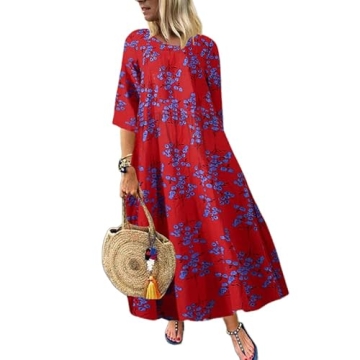 Akivide Women's Vintage Ethnic Print Linen Maxi Dress Summer Casual Loose Floral Boho Swing House Dresses Plus Size Red Floral