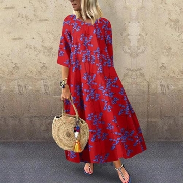 Akivide Women's Vintage Ethnic Print Linen Maxi Dress Summer Casual Loose Floral Boho Swing House Dresses Plus Size Red Floral