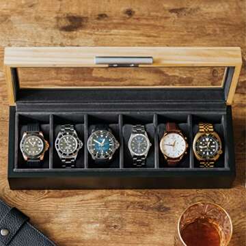 CASE ELEGANCE Two-Toned Pine and Black Base with Modern Aluminum Handle 6-Slot Watch Box with Real Glass