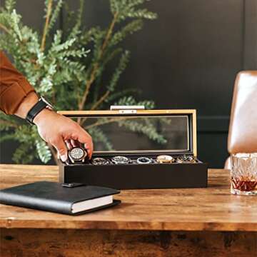 CASE ELEGANCE Two-Toned Pine and Black Base with Modern Aluminum Handle 6-Slot Watch Box with Real Glass