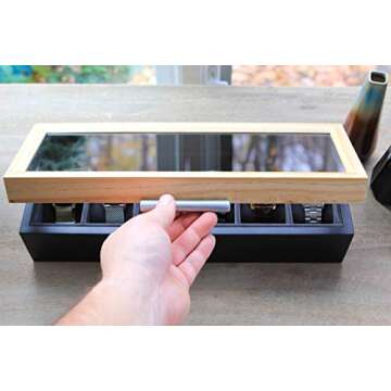 CASE ELEGANCE Two-Toned Pine and Black Base with Modern Aluminum Handle 6-Slot Watch Box with Real Glass