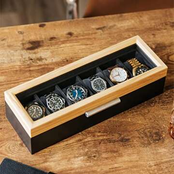 CASE ELEGANCE Two-Toned Pine and Black Base with Modern Aluminum Handle 6-Slot Watch Box with Real Glass