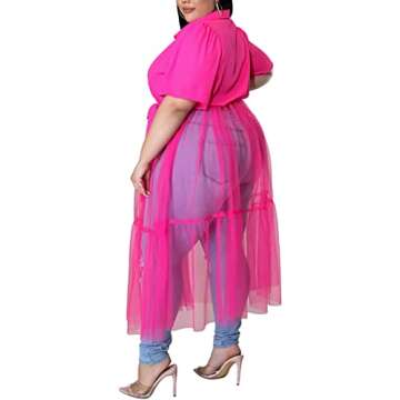 Sunlips Women's Sexy Plus Size Lapel Shirt Dresses Mesh See Through Puff Short Sleeve Flowy Swing Dr...