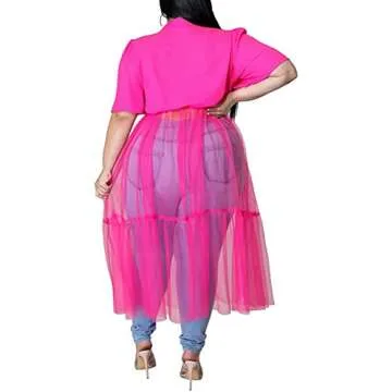 Sunlips Women's Sexy Plus Size Lapel Shirt Dresses Mesh See Through Puff Short Sleeve Flowy Swing Dress Clubwear