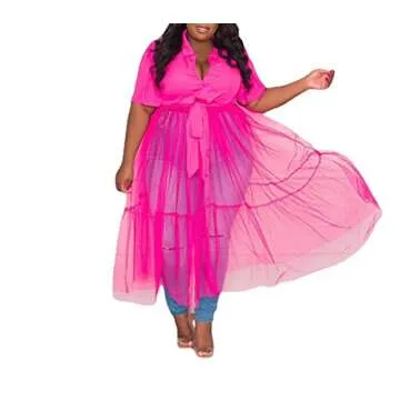 Sunlips Women's Sexy Plus Size Lapel Shirt Dresses Mesh See Through Puff Short Sleeve Flowy Swing Dress Clubwear