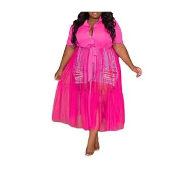 Sunlips Women's Sexy Plus Size Lapel Shirt Dresses Mesh See Through Puff Short Sleeve Flowy Swing Dress Clubwear